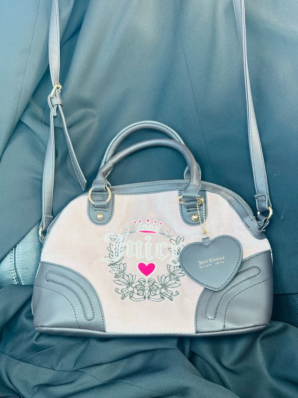 Juicy Couture Pink and Gray Dome Satchel with Heart Charm Accent